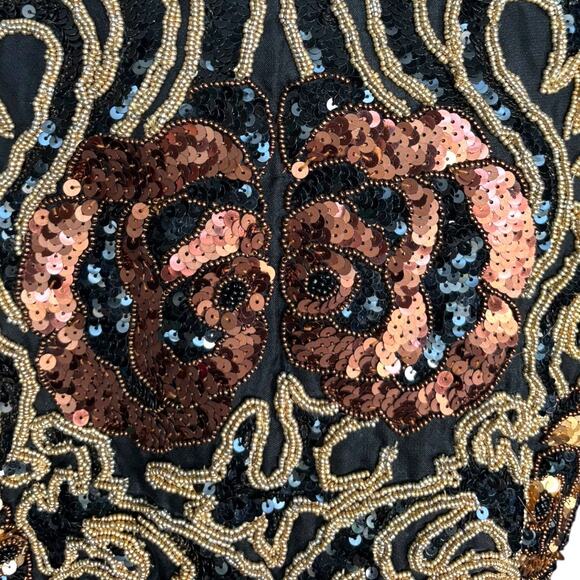 Vintage 90s Black Tie Silk Beaded Metallic Sequin Open Front Vest Gold Bronze - Picture 8 of 11